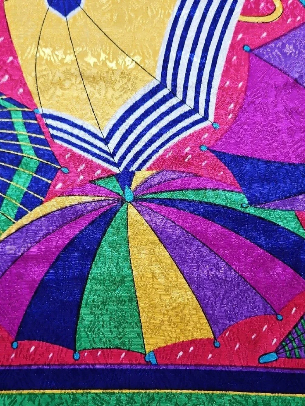 Vibrant Umbrella Print Silk-Feel Scarf - Pink, Purple & Green
